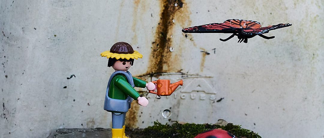 Mise en scène avec un playmobil sur le thème du jardin et des insectes
